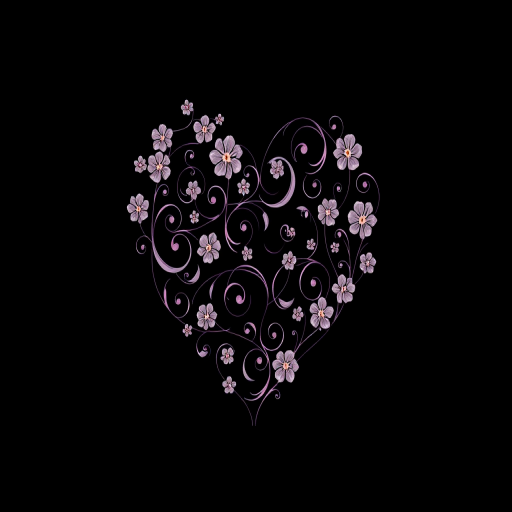 Create a heart shape filled with intricate swirling floral patterns set against a solid black background, captured with a Nikon D850, 50mm lens, f/1.8 aperture, ISO 100, in a high-resolution macro photography style.