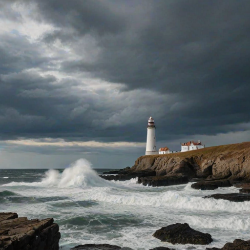 Picturesque old lighthouse standing tall against a dramatic sky, waves crashing against the rocks below, and a solitary figure walking along the shore, evoking a sense of adventure.