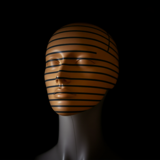 Create a high-resolution image of a stylized mannequin head with horizontal lines overlaying it in a dark setting, using a DSLR camera with a 50mm lens, aperture f/1.8, ISO 100, and a shallow depth of field.