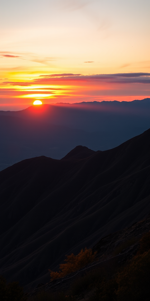 High-resolution image of a tranquil sunset over a mountain range with vivid colors, captured with a Canon EOS R5 at f/8, ISO 100, 1/125s, wide-angle lens, and HDR setting for enhanced detail.