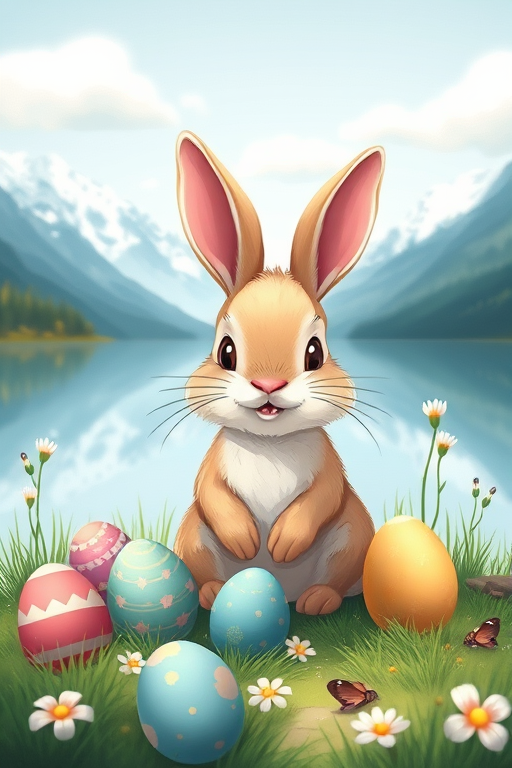 Create a whimsical illustration of a cute rabbit sitting in front of a lake, surrounded by colorful Easter eggs, with snow-capped mountains in the background, using a DSLR camera at f/2.8 aperture, 50mm lens, and natural light to enhance the vibrancy and details.