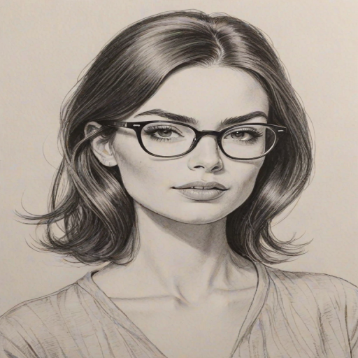 Captivating Caitlin McHugh, pencil sketch, portrait of Bewitching woman 1962s in glasses, hair style beatnik, outline, clear lines, fine lines, 8k