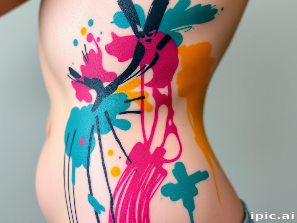 Abstract expressionist tattoo covering the side torso, showcasing chaotic brushstrokes and paint drips in a vibrant palette of teal, magenta, and yellow