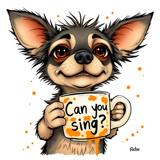A quirky, artistic illustration of a disheveled chi chi dog breed with exaggerated, large eyes and spiky fur, holding a coffee mug that reads "Can you sing?". The dog has a tired but humorous expression, with Mango ink splatters