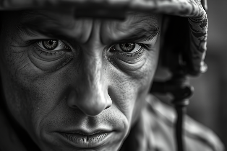 Capture a close-up portrait of a soldier with a focus on intense eyes and weathered skin, using a Canon EOS R5, 85mm lens, f/1.4 aperture, ISO 100, 1/200s shutter speed, in dramatic lighting with a shallow depth of field and high contrast in black and white.