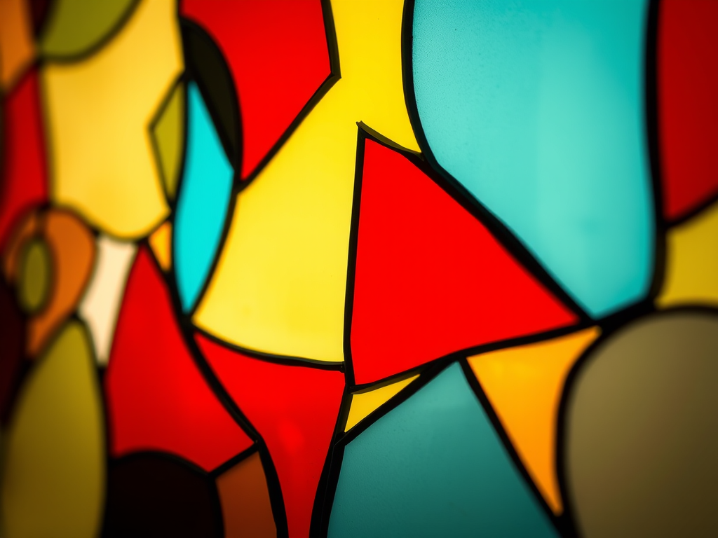 Create a vibrant abstract image of assorted colorful stained glass shapes with a focus on a warm palette of reds, yellows, and blues, captured with a Canon EOS R5, 50mm lens, f/1.8 aperture, ISO 100, and a close-up view to enhance detail and texture.