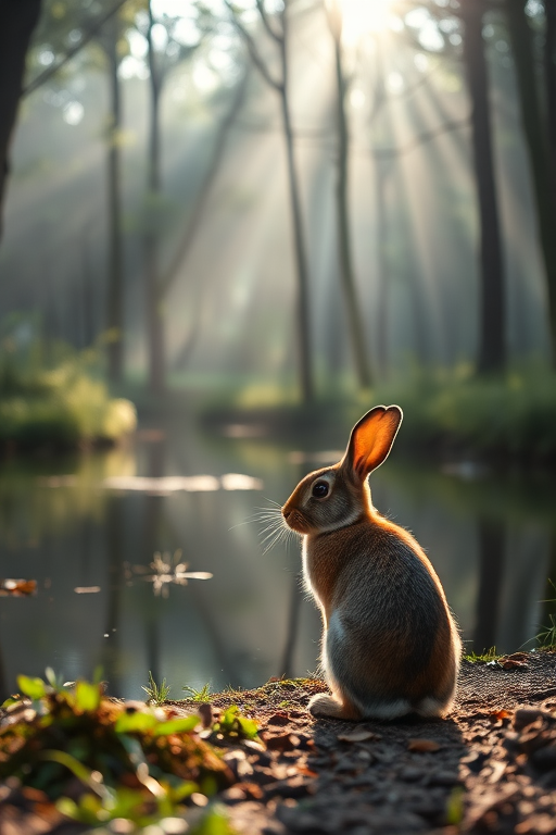 A serene forest scene featuring a rabbit seated by a tranquil pond, soft sunlight filtering through misty trees, high-quality DSLR camera, f/1.8 aperture, 50mm lens, ISO 200, natural light, shallow depth of field, portrait view.