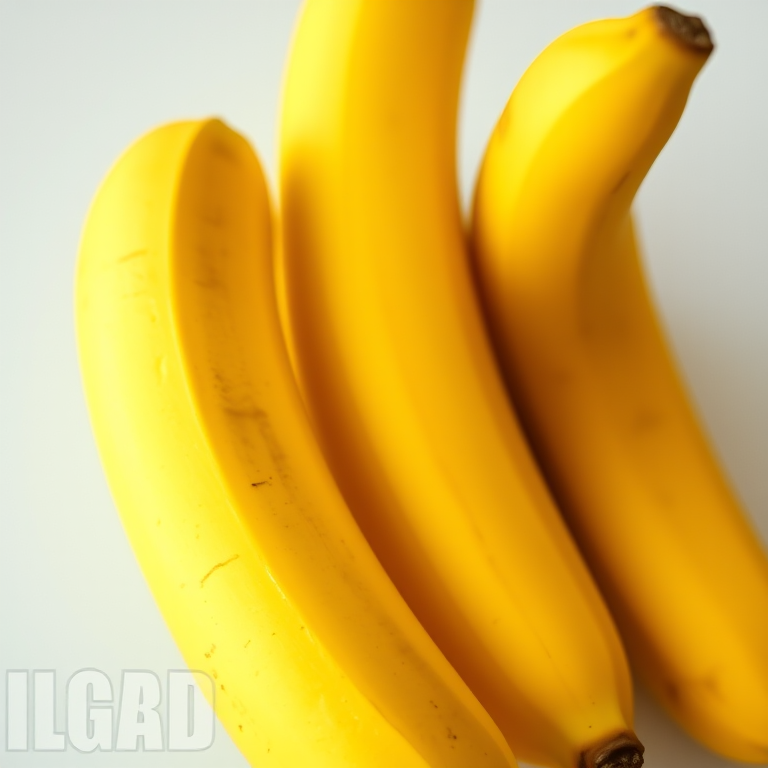 Generate a realistic image of three yellow bananas with vibrant colors, using a DSLR camera, 50mm lens, f/2.8 aperture, ISO 100, and a natural light setting, capturing a close-up view to enhance texture and detail.