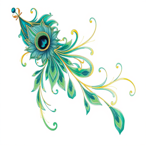 Art nouveau-inspired peacock feather design trailing down spine, flowing curves and elegant lines in teal, emerald, and gold ink