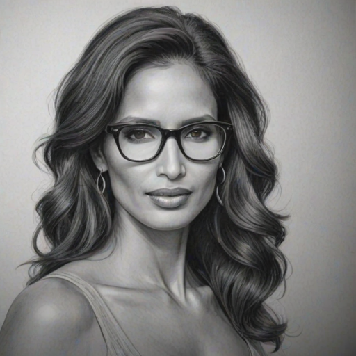Elegant Padma Lakshmi, pencil sketch, portrait of Charming woman 1938s in glasses, hair style beatnik, outline, clear lines, fine lines, 8k