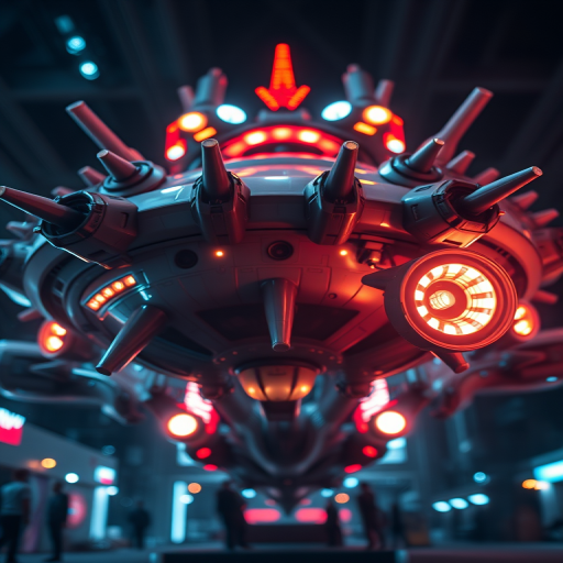 highly detailed futuristic spacecraft design with multiple protruding structures illuminated by neon lights, 50mm lens, f/2.8 aperture, ISO 100, captured from a low angle view with a shallow depth of field using a DSLR camera