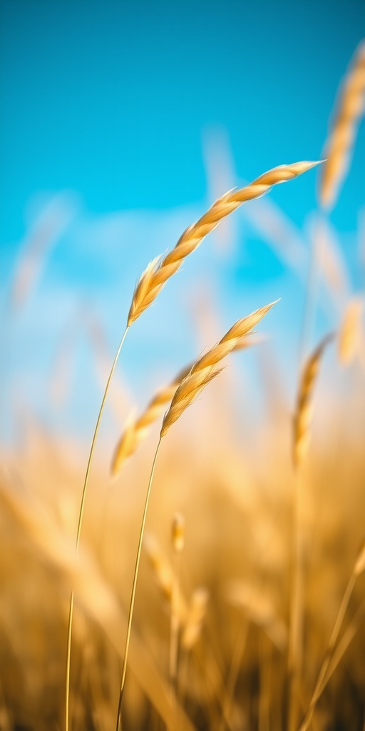 capture a close-up of golden grass swaying gently in the breeze against a blurred blue sky background, using a DSLR camera, 50mm lens, aperture f/2.8, shutter speed 1/200s, ISO 100, shallow depth of field for a soft bokeh effect