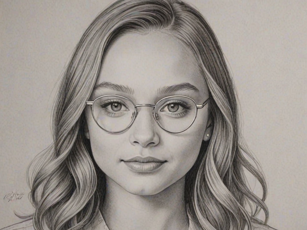 Wonderful Maddie Ziegler, pencil sketch, portrait of Dazzling woman 1948s in glasses, hair style beatnik, outline, clear lines, fine lines, 8k
