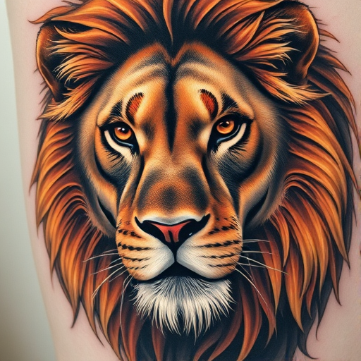 Realistic color portrait tattoo of a majestic lion with piercing eyes and a flowing mane, utilizing hyperrealistic techniques and vivid earth tones, titled "King's Gaze"