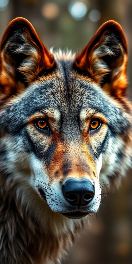 A close-up portrait of a wolf with sharp focus on its eyes, captured with a Canon EOS R5 in 24mm f/1.4 lens, aperture at f/2.8, shutter speed at 1/500s, ISO 200, natural lighting, with a blurred forest background for depth.