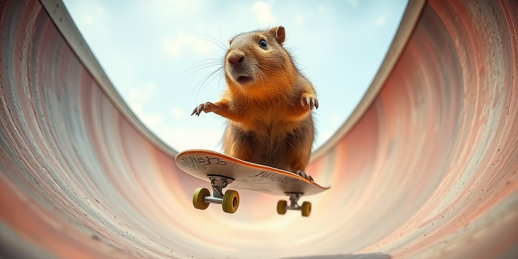 action sports photography, of a stunning capybara, riding a skateboard through a halfpipe