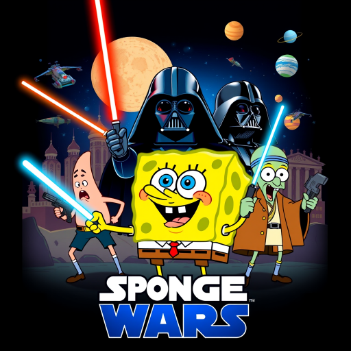 Create a parody of the Star Wars poster with SpongeBob as Luke Skywalker, holding a glowing spatula like a lightsaber. Patrick Star takes the role of Han Solo, holding a blaster, while Squidward is Obi-Wan Kenobi, draped in robes. In the background, Plankton appears as Darth Vader, with Bikini Bottom’s landmarks reimagined as spaceships and planets. The iconic Star Wars logo is swapped for "Sponge Wars," creating a playful, sci-fi adventure scene.