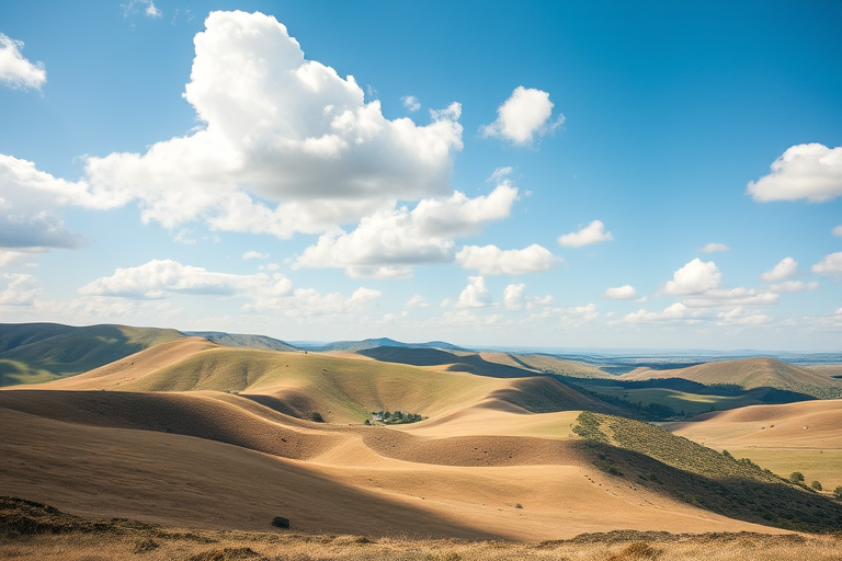 Create a vibrant, high-resolution image of a picturesque landscape featuring rolling hills under a clear blue sky with fluffy white clouds, using a DSLR camera with a 24mm lens, aperture f/8, ISO 200, and a soft focus style.