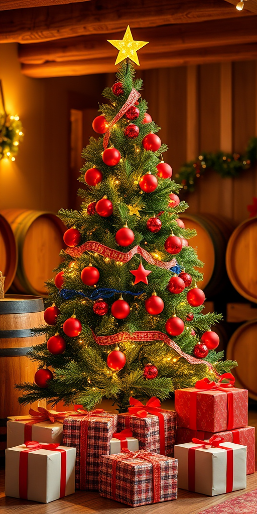 Generate an image of a festive Christmas scene featuring a beautifully decorated Christmas tree with red ornaments and a star on top. The tree is surrounded by wrapped presents and placed in a cozy setting with wooden barrels lining the walls. The background is illuminated with warm lighting, creating a cheerful holiday atmosphere.