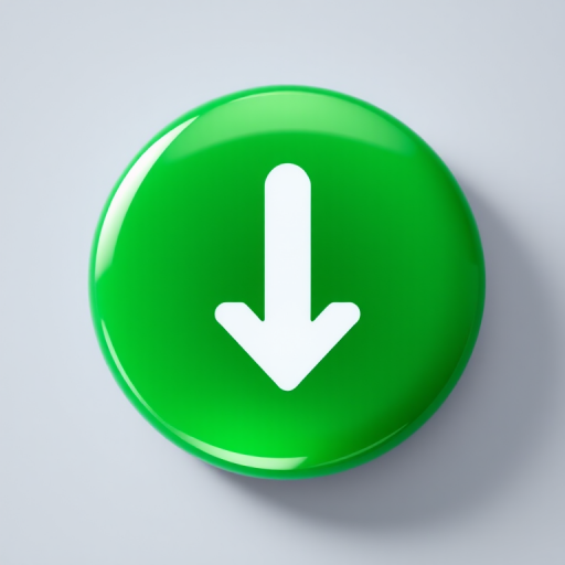 Generate a high-resolution image of a glossy green round button with a white downward arrow in the center, using a 50mm lens, f/2.8 aperture, ISO 100, and soft diffused lighting for even illumination, shot from a straight-on perspective with a shallow depth of field to enhance the focus on the button.