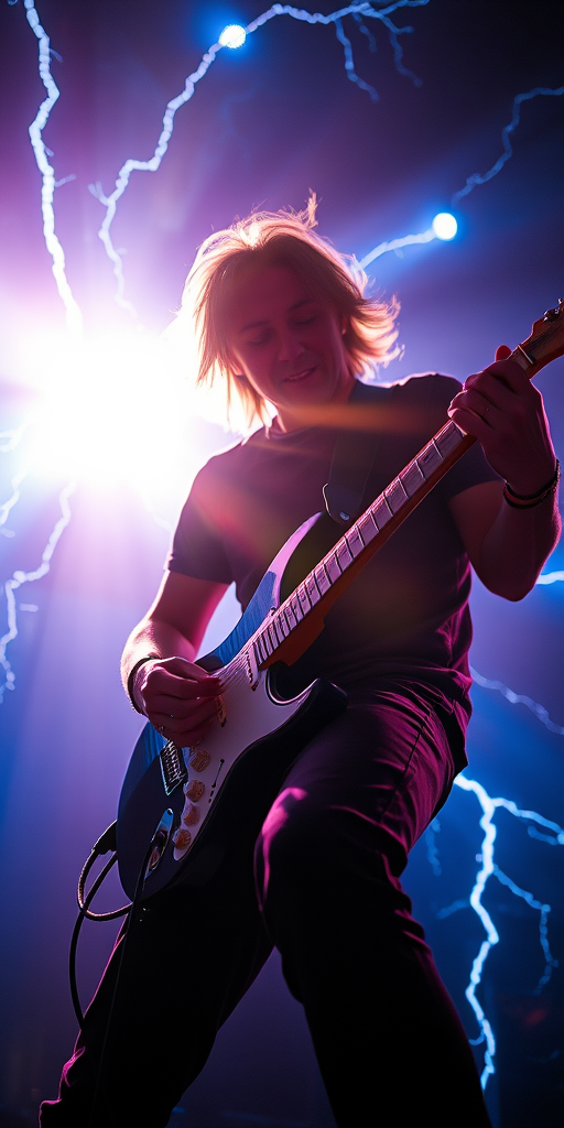 Create an image of a rock musician playing an electric guitar surrounded by dramatic lightning effects and glowing blue light, captured with a Canon EOS R5 at f/1.8, 1/125 sec, ISO 400, in a dynamic low-angle perspective for a powerful effect.