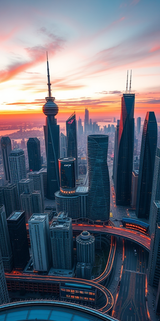 Generate a high-resolution image of a futuristic city skyline at sunset with vibrant colors, using a Canon EOS R5, 24mm lens, f/8 aperture, ISO 100, 1/125 sec exposure, shot from a high vantage point for a panoramic view.