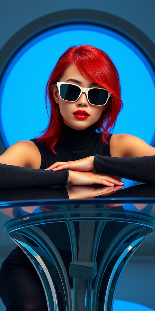 generate an image of a woman with red hair wearing sunglasses and a black turtleneck, leaning on a futuristic glass table, with a circular blue background