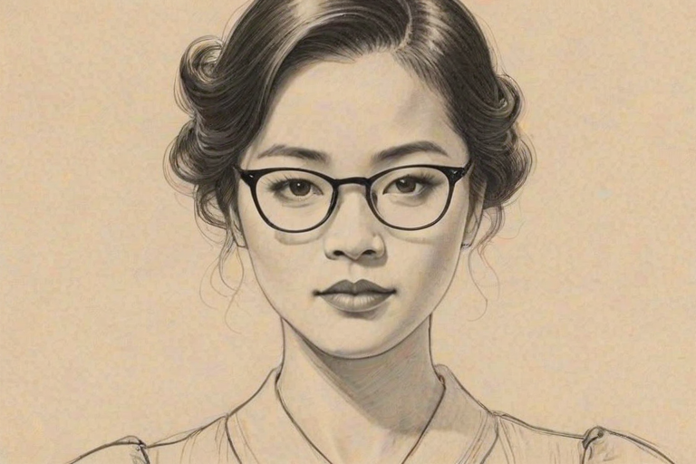 Enchanting Keiko Agena, pencil sketch, portrait of Stunning woman 1933s in glasses, hair style beatnik, outline, clear lines, fine lines, 8k
