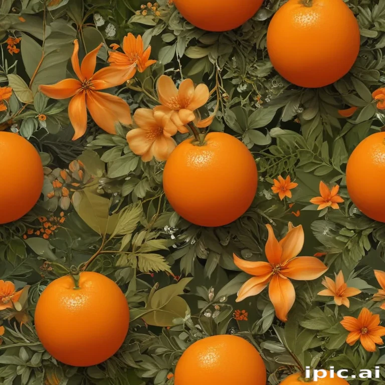 Vibrant Orange Oranges Surrounded by Lush Greenery and Colorful Flowers