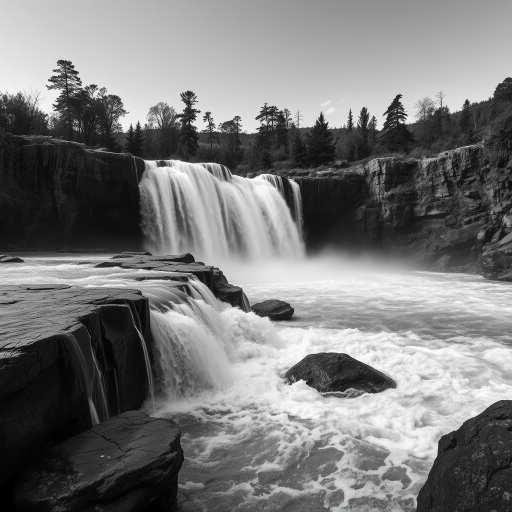 a dramatic black and white landscape of a cascading waterfall over rocky formations, with turbulent water flowing and a scenic background of dense trees