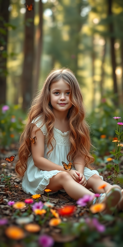 Create a serene forest scene featuring a young girl with long, wavy hair sitting on the ground, surrounded by colorful butterflies and vibrant flowers, with soft sunlight filtering through the trees, captured with a Canon EOS R5, 50mm lens, f/1.8 aperture, ISO 200, and a shallow depth of field for a dreamy effect.