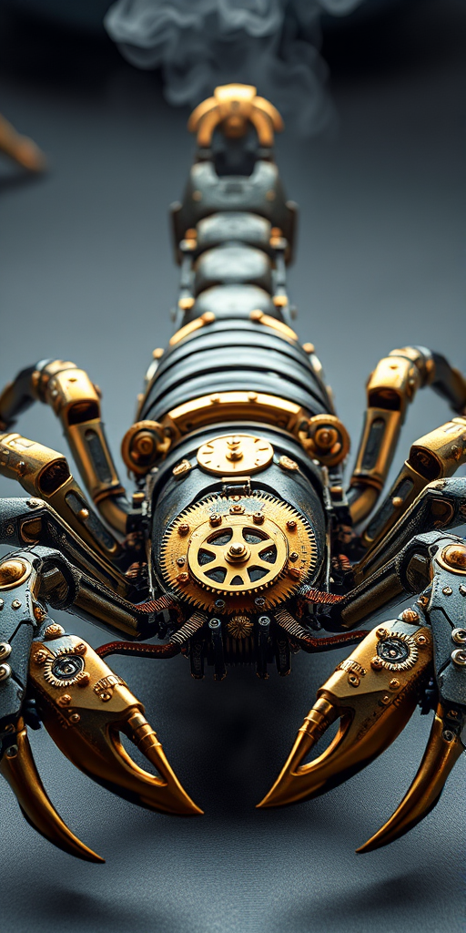 Create a high-intensity, high-resolution image of a steampunk scorpion, featuring intricate clockwork mechanisms and brass gears. The scorpion should have metallic limbs with elaborate jointed segments, showcasing a blend of Victorian-era aesthetics and futuristic technology. The body should be adorned with cogwheels, pistons, and small steam vents emitting a subtle mist, the front pinchers should up up and open. Capture the scene with dramatic lighting to emphasize the mechanical details, giving it a sense of motion and life