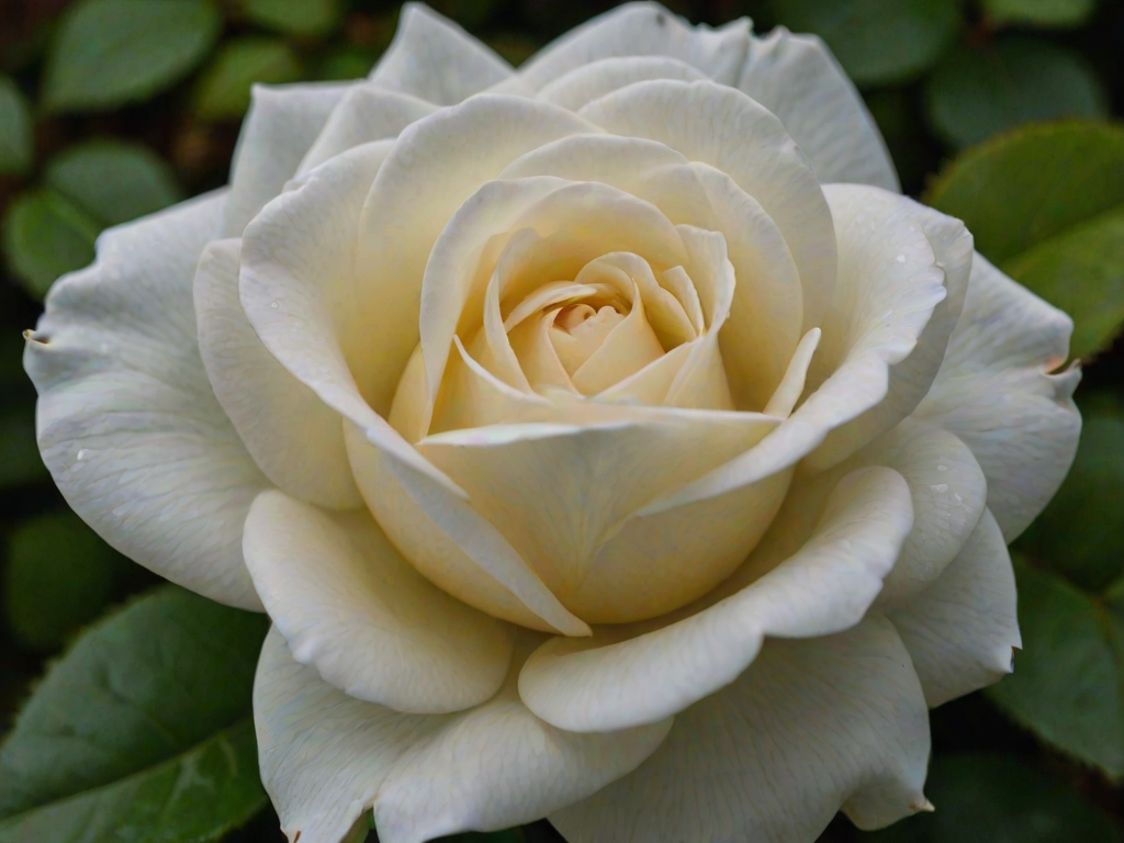 a close-up of a white rose with a hint of yellow at its center, surrounded by dark green leaves and a soft, blurred background