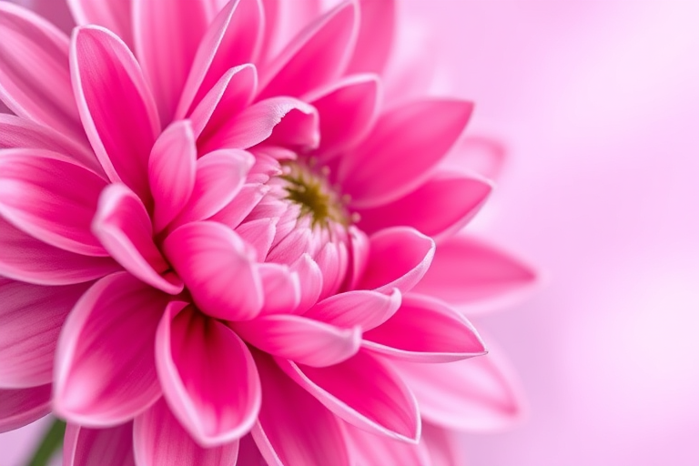 Generate a digital illustration of a pink flower with layered petals on a soft lavender background, using a high-resolution digital camera with a 50mm lens, f/2.8 aperture, and a shallow depth of field to create a soft bokeh effect.