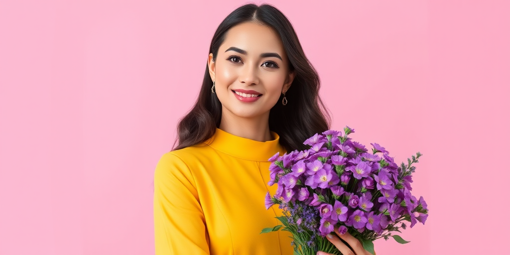 Generate an image of a woman in a vibrant yellow and black outfit, holding a bouquet of purple flowers against a soft pink background, using a DSLR camera with a 50mm lens at f/1.8, ISO 100, and a shallow depth of field for enhanced focus and detail, captured in natural light.