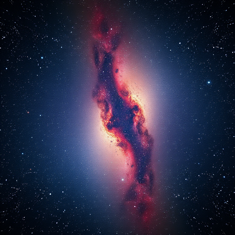 Generate a vivid cosmic scene depicting a deep space galaxy with bright stars and nebulae, captured with a Canon EOS 5D Mark IV using a 24-70mm f/2.8 lens, aperture set to f/4, ISO 1600, and a shutter speed of 30 seconds for enhanced detail and clarity.