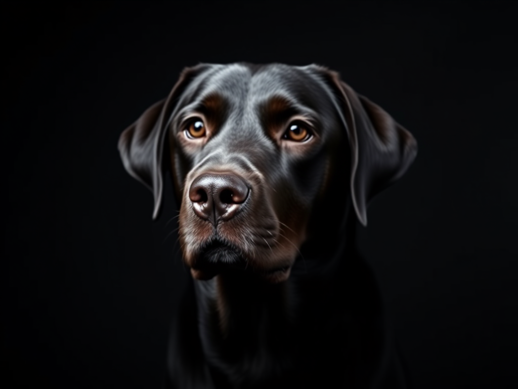 Create a high-resolution portrait of a black Labrador retriever's head against a dark background, using a DSLR camera with a 50mm f/1.8 lens, aperture set to f/2.8, shutter speed at 1/200 sec, ISO 100, soft natural lighting to highlight the dog's features, shot at eye level.
