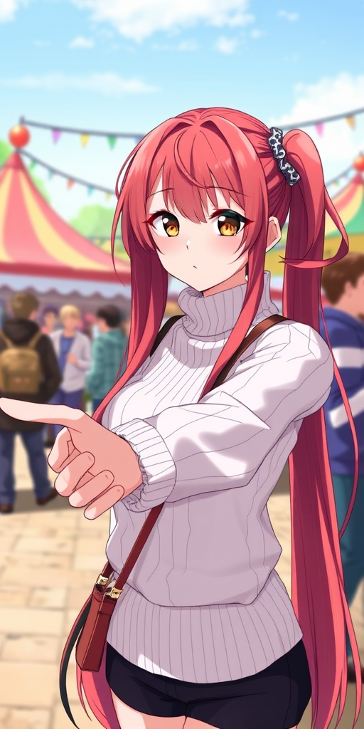 masterpiece, best quality, 1girl, red hair, twintails, very long hair, yellow eyes, large breasts, turtleneck sweater, white sweater, ribbed sweater, hair scrunchie, reaching towards viewer, beckoning, parted lips, festival, outdoors, handbag,