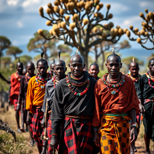 Capture a vibrant scene of a group of Maasai warriors adorned in traditional attire, walking confidently among acacia trees, using a Canon EOS R5 with an EF 70-200mm f/2.8L IS III USM lens, aperture set to f/4, shutter speed at 1/500 sec, ISO 400, shot in portrait orientation with a shallow depth of field to enhance the details in their clothing and expressions while softly blurring the background.