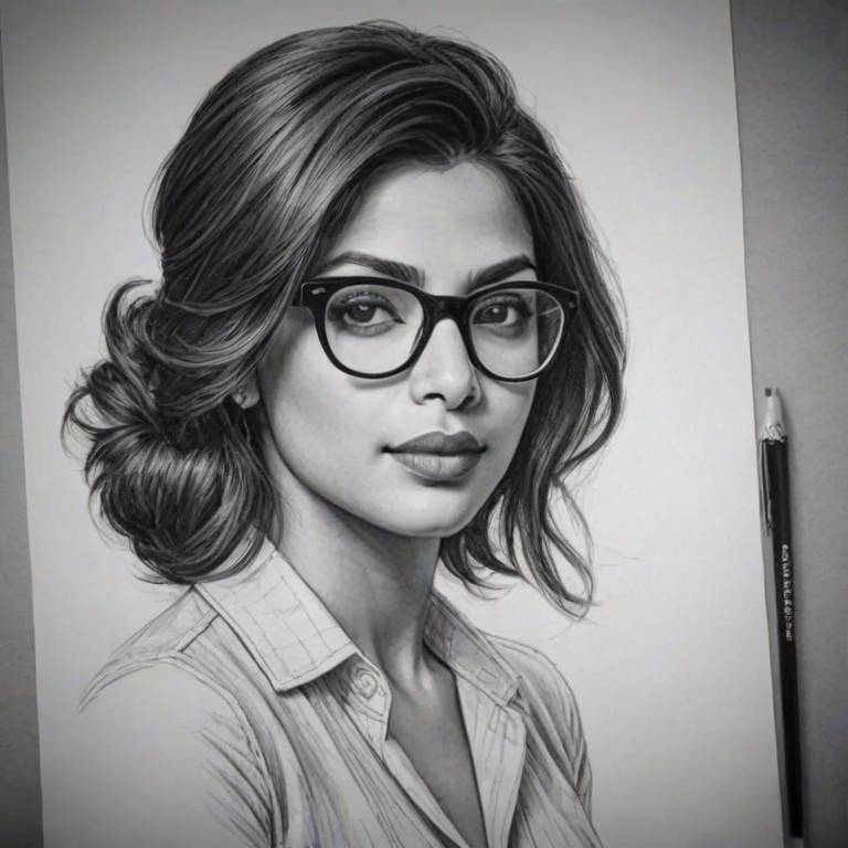 Gorgeous Priyanka Chopra, pencil sketch, portrait of Enchanting woman 1926s in glasses, hair style beatnik, outline, clear lines, fine lines, 8k