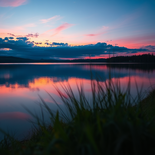 Create a high-resolution image of a peaceful sunset over a calm lake reflecting vibrant colors, captured with a Canon EOS R5, 24-70mm lens, f/8 aperture, ISO 100, 1/125s shutter speed, taken from a low angle to emphasize the foreground and enhance depth.