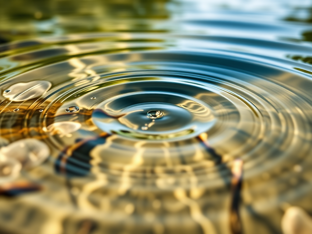 Capture a close-up view of water ripples in a serene environment, using a DSLR camera at f/5.6 aperture, ISO 100, and a shutter speed of 1/250s in natural lighting to enhance color vibrancy and detail.