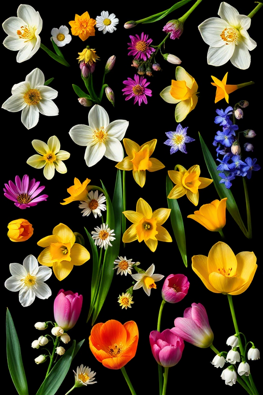Create a vibrant illustration of various flowers including crocuses, daisies, daffodils, hyacinths, tulips, and lily of the valley arranged in a grid format on a black background, use a Canon EOS R5 camera with an aperture of f/4, a shutter speed of 1/200 sec, ISO 100, and shoot from a top-down view to enhance the floral details and colors.