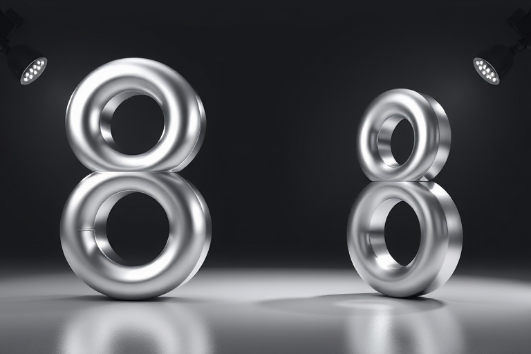 Create a high-resolution 3D render of the number 8 in polished silver with a gradient effect, using a Canon EOS R5 with an f/2.8 aperture, ISO 100, 24mm lens, in a well-lit studio setting with softbox lighting from multiple angles.