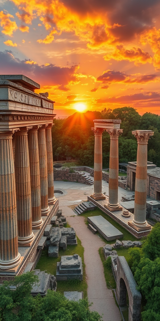 ancient ruins of towering columns and intricate sculptures under a vibrant sunset with lush greenery, captured with a Canon EOS R5, 24mm f/1.4 lens, aperture f/8, ISO 100, HDR style, aerial view to enhance depth and detail