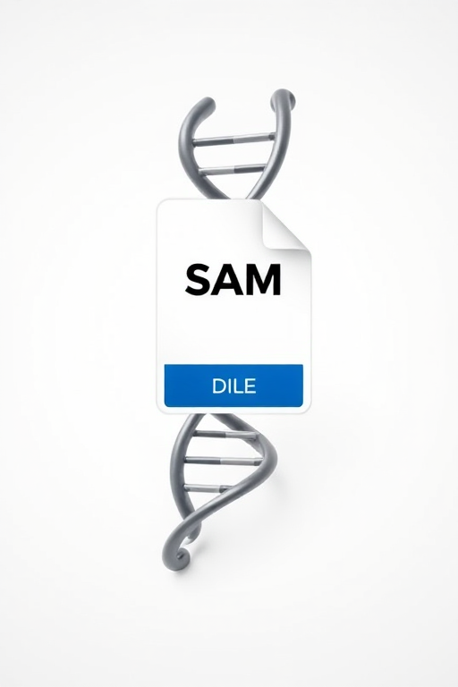 Generate an image of a DNA strand icon with a file labeled "SAM" in a professional style, using a clean white background, soft lighting, high resolution at 300 DPI, shot with a DSLR camera at f/2.8, 50mm lens, and a slight depth of field to emphasize the file and DNA strand.