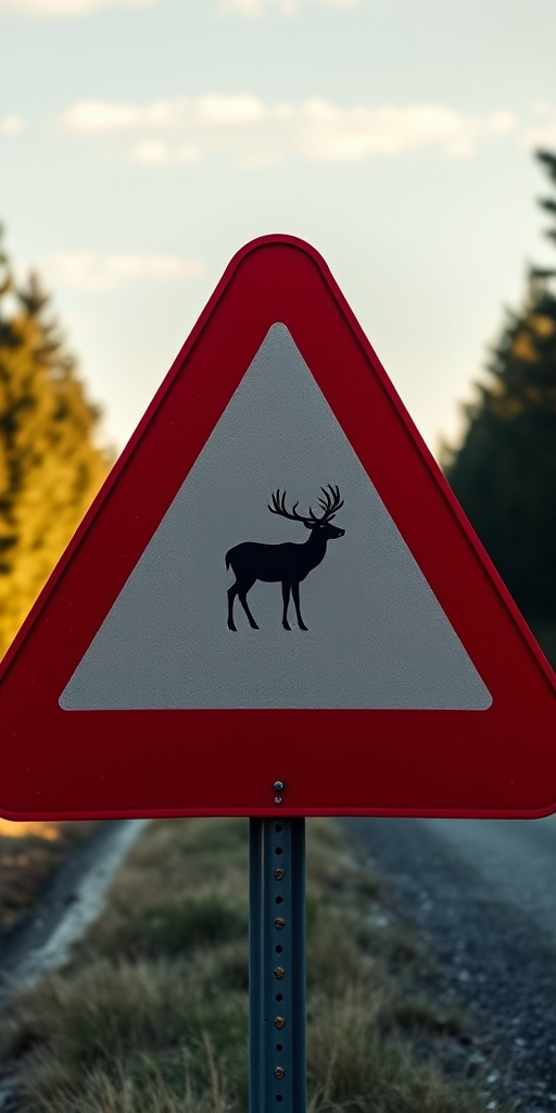 Create an image of a red triangular road sign with a silhouette of a deer in motion, captured with a DSLR camera at f/8 aperture, 1/250 sec shutter speed, ISO 100, in a slightly elevated wide-angle view for clarity and detail.
