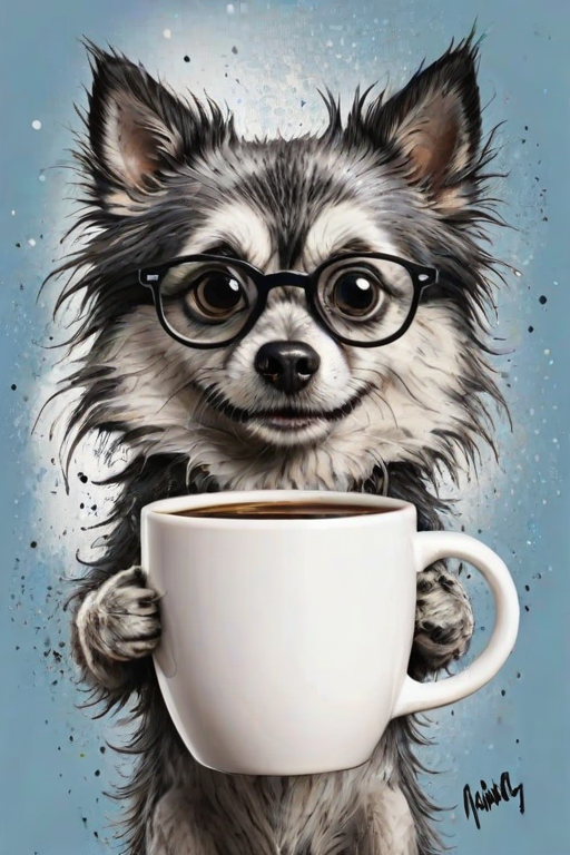 A quirky, artistic illustration of a disheveled chinaranian dog breed with exaggerated, large eyes and spiky fur, holding a coffee mug that reads "Good Morning". The dog has a tired but humorous expression, with ink splatters and abstract details surrounding it, giving a whimsical feel to the image. The color palette is mostly monochrome with hints of blue in the eyes and steam rising from the mug, enhancing the overall sleepy vibe
