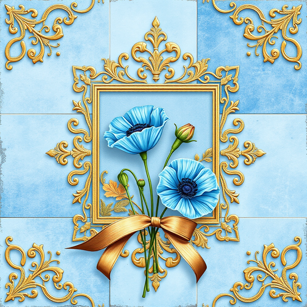 a Beautiful filigree gold and light blue patchwork background with in it a square block with blue grunge background, on the site an amazing Himalayan blue poppies flowers, petals, ribbon, watercolor effect