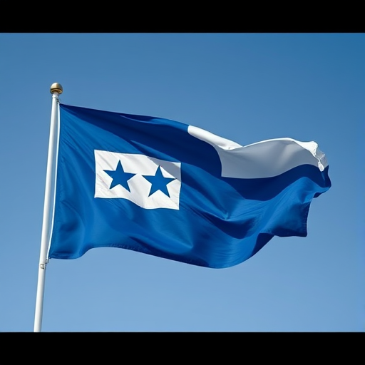 Create an image of the flag of Honduras waving gently in the wind, camera settings: f/8, ISO 100, shutter speed 1/200s, camera view: eye-level, camera style: realistic, camera type: DSLR.